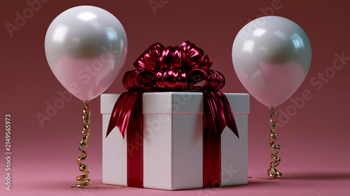 Gift Box with Red Ribbon and Balloons for Celebrations