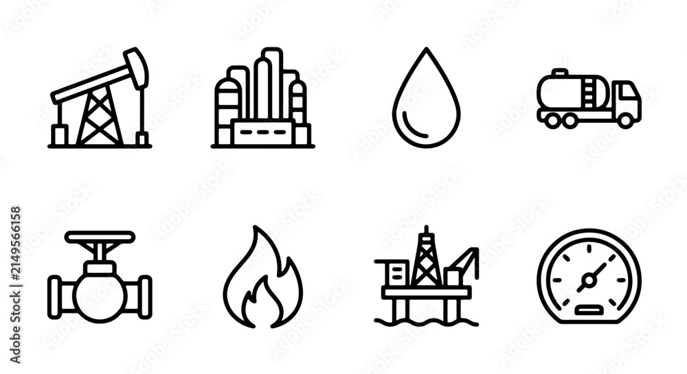 Fototapeta premium Oil Industry Icons: Pumpjack, Refinery, Drop, Tanker Truck, Valve, Flame, Rig, Gauge