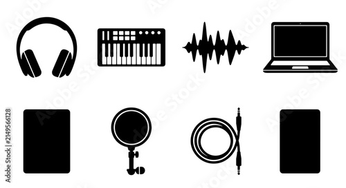 Music Production Icons: Headphones, Keyboard, Soundwave, Laptop, Tablet, Mic, Cable