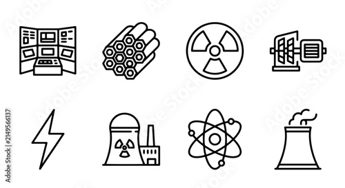 Nuclear Power Icons, Energy Industry Symbols, Atomic Science Vector Set