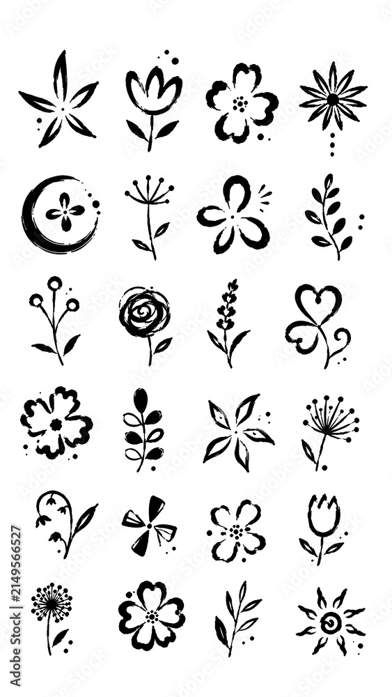 Obraz premium Hand Drawn Floral Doodle Collection, Botanical Flower and Plant Line Art Set