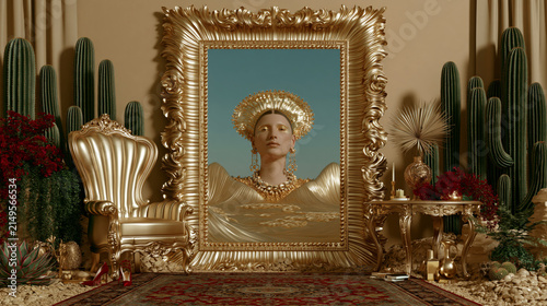 Golden Framed Portrait with Elegant Decor and Cacti
