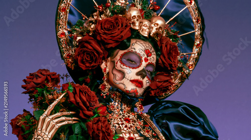 Day of the Dead Woman with Roses and Skull Accessories