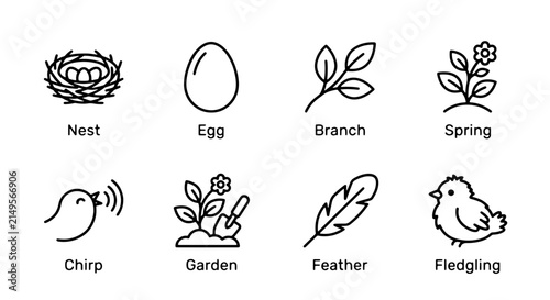 Foto Spring Nest Egg Chirp Garden Icons, Bird Branch Feather Fledgling Vector Set