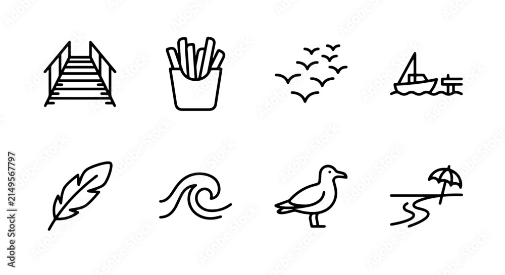 Fototapeta premium Beach Vacation Icons Set: Stairs, Fries, Birds, Sailboat, Feather, Wave, Seagull, Beach Umbrella