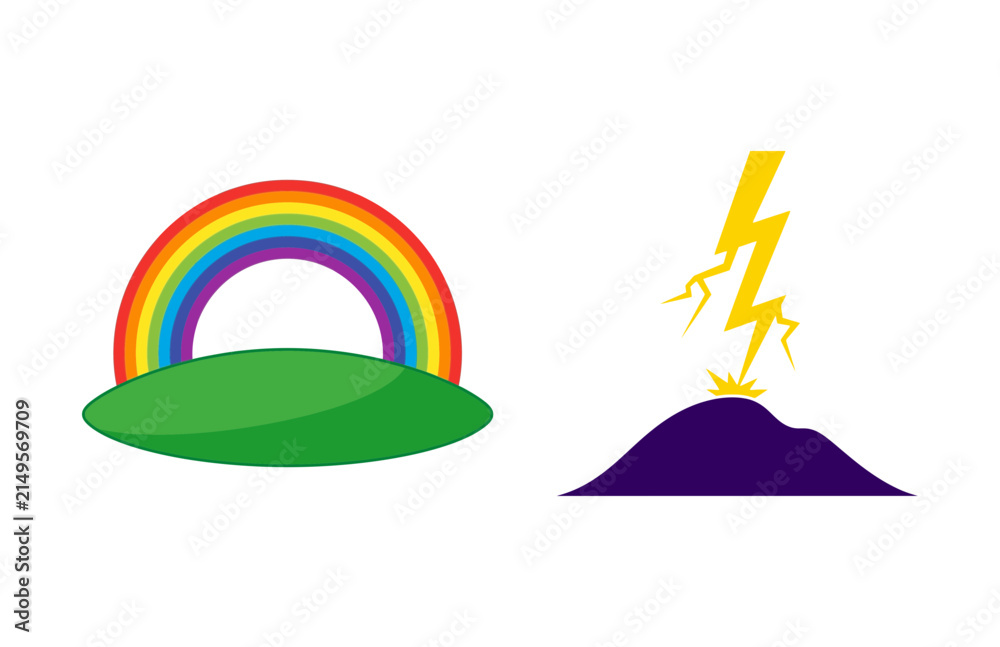 Obraz premium Colorful Rainbow Over Green Hill Next To Yellow Lightning Bolt Striking Dark Mountain Peak Illustration