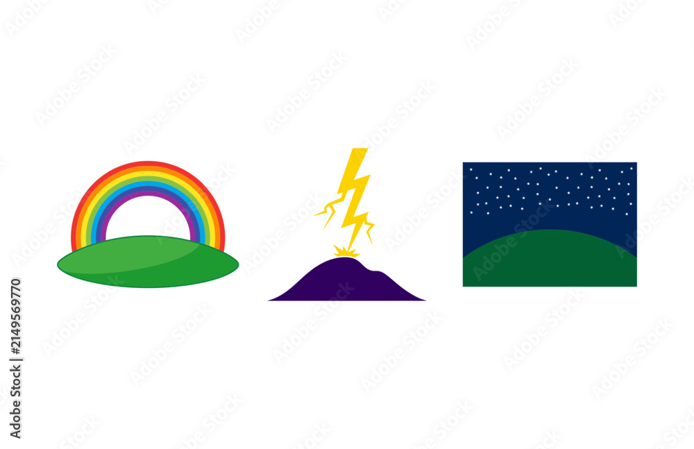 Obraz premium Weather Phenomena Vector Icons Featuring A Rainbow A Lightning Bolt And A Night Sky Over A Hillside Landscape