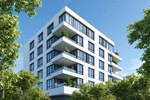Modern White Apartment Building with Balconies Surrounded by Lush Green Trees Under a Clear Blue Sky