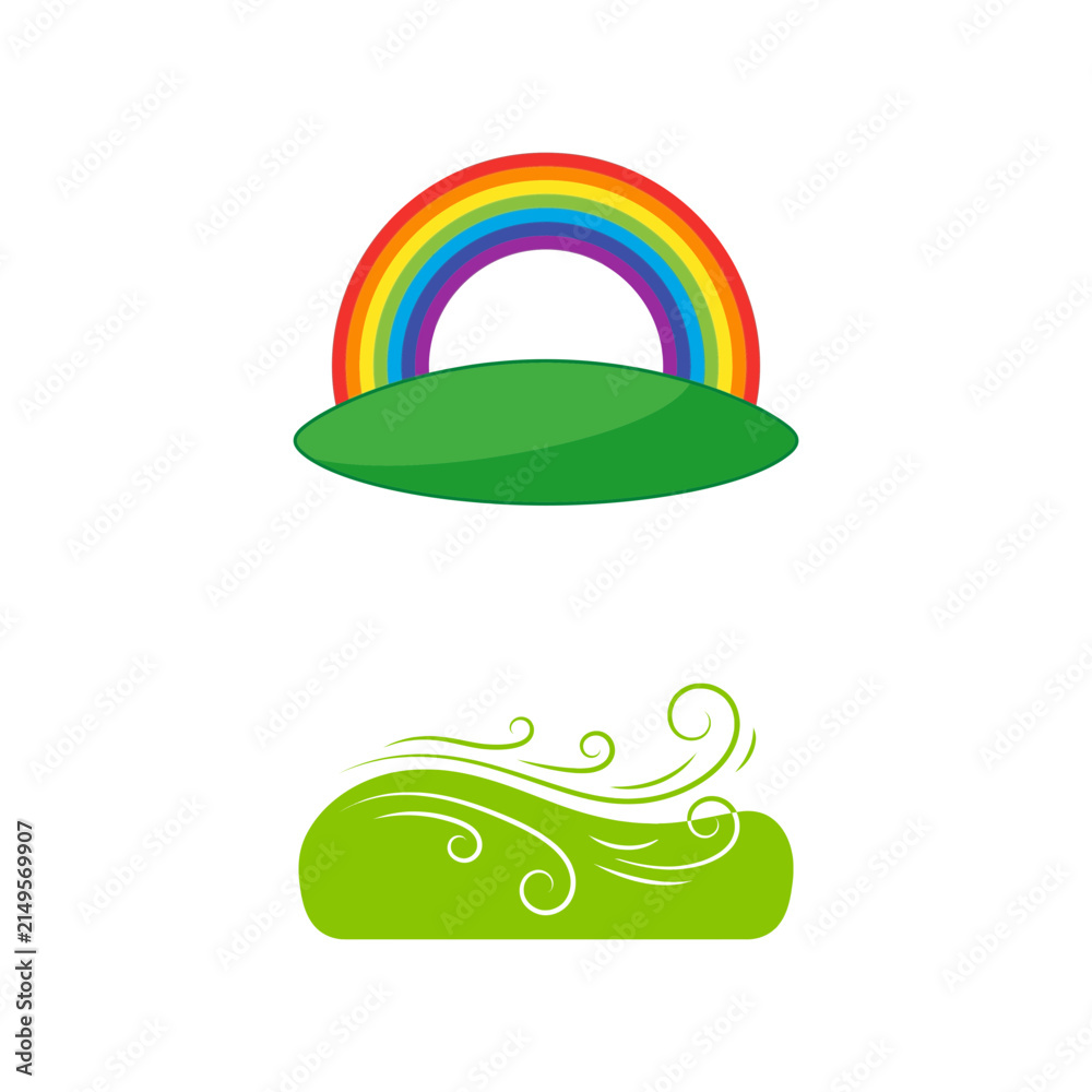 Obraz premium Vector Illustration Set Featuring A Colorful Rainbow Above A Grassy Hill And Swirling Wind Over A Green Meadow