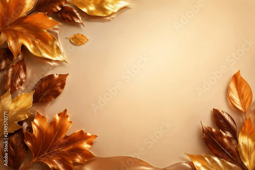 Metallic Golden Autumn Leaves Frame on Warm Beige Background with Copy Space