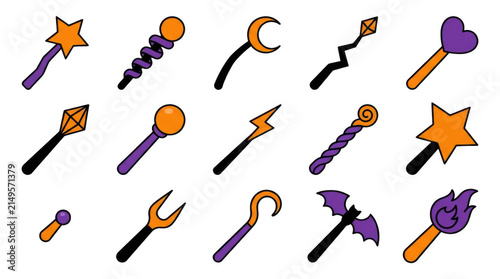 Obraz na płótnie Magic wand collection with various shapes and symbols in purple and orange tones