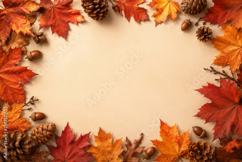 Autumn Maple Leaves Pinecones and Acorns Frame with Copy Space