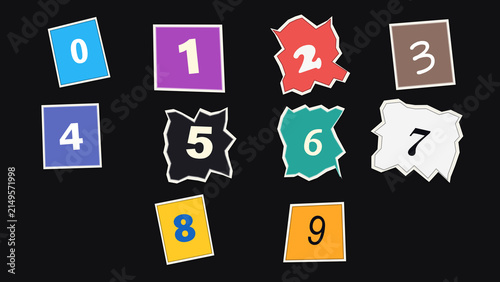 Colorful Number Collection: A vibrant collection of numbers from zero to nine, each displayed on a distinctively shaped and colored square, set against a dark background.
