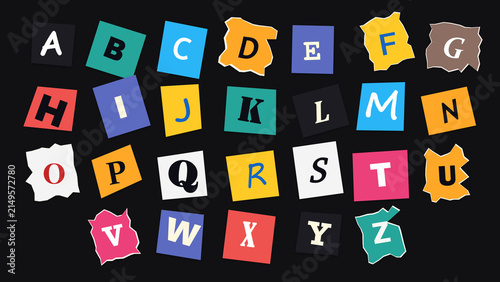 Alphabet Collage: A vibrant collage featuring the English alphabet, with each letter presented on a torn, colorful square.