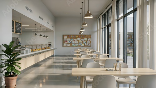 School cafeteria interior with tables serving counter and natural light