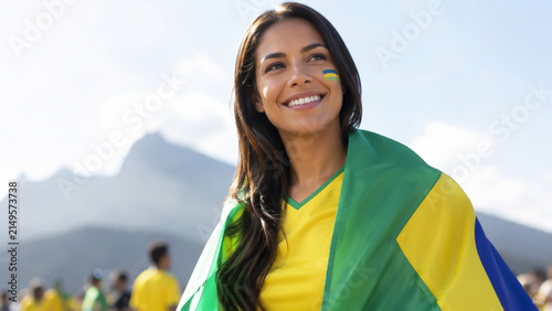 Mulher brasileira com bandeira do Brasil em clima patriótico