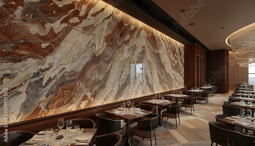 Elegant fine dining restaurant interior featuring a dramatic marble accent wall and soft lighting