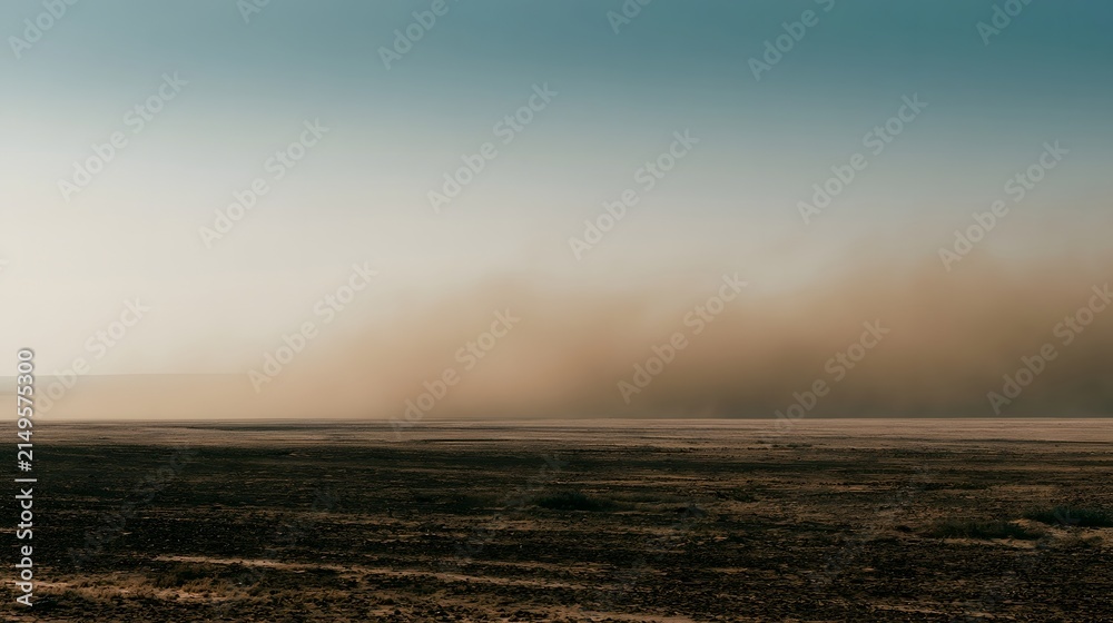 Obraz premium A vast desert plain under a hazy sky as a massive dust cloud rolls across the horizon during golden hour