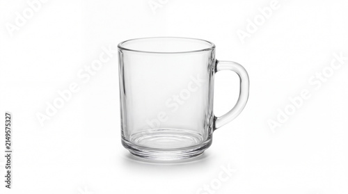 Transparent Glass Mug: A simple, clear glass mug with a sturdy handle sits ready for your favorite beverage. Its transparent design makes it versatile for any occasion.