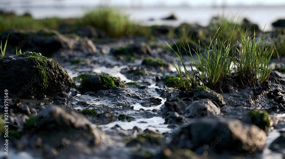 Fototapeta premium A close up of wet mudflats with green grass and moss covered rocks near a calm water body at low tide