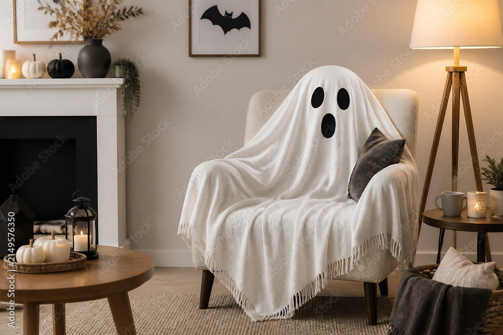 Obraz premium A white sheet ghost figure sits in a comfortable armchair inside a warmly decorated living room.