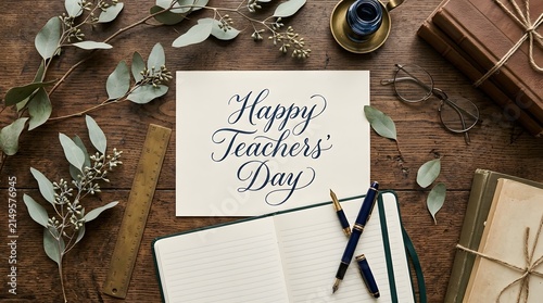 A beautiful greeting card with happy teachers day calligraphy on a rustic wooden table with stationery items