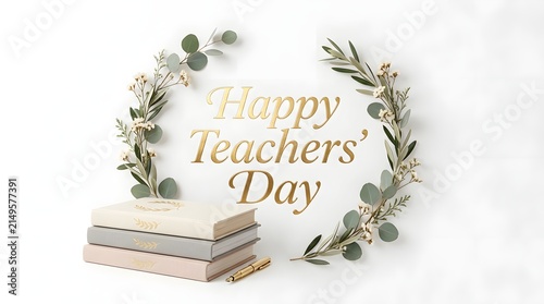 Happy teachers day greeting card with a stack of books and elegant green eucalyptus leaves on white