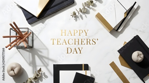 Happy teachers day greeting card with school supplies and notebooks on a white background top view