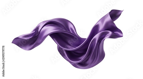 Elegant flowing purple silk fabric floating in the air isolated on a white background