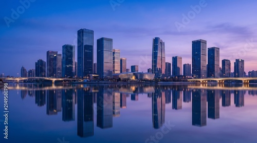 Modern City Skyline at Twilight with Water Reflection