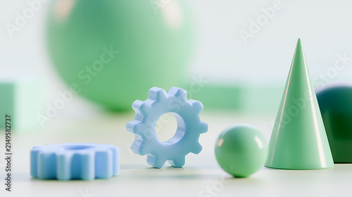 Minimalist composition with light blue gears, green cones, and spheres arranged on a clean, bright surface for abstract concept display