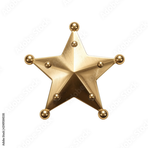 Polished gold sheriff star badge with rounded tips isolated on a deep black background, for law enforcement theme isolated on a transparent background