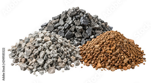 Three piles of different types of gravel and crushed stone isolated on transparent background