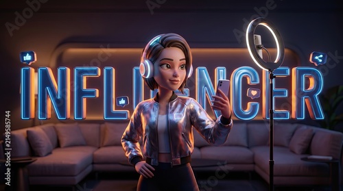 Social Media Influencer: A stylish young woman with headphones, holding a smartphone and ring light, poses confidently in a modern studio setting, surrounded by glowing INFLUENCER lettering.