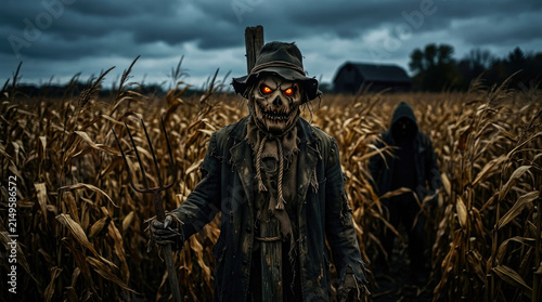 A terrifying scarecrow with glowing eyes stands in a dark cornfield during a spooky night for halloween horror themes