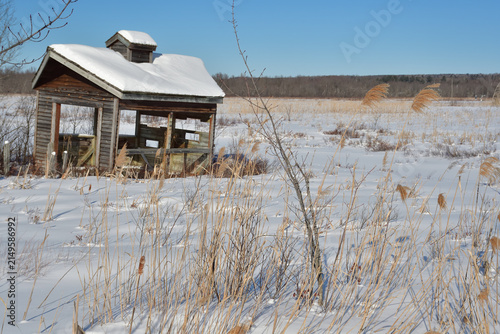 Cherry River marshland. Old wooden observation gazebo in winter.