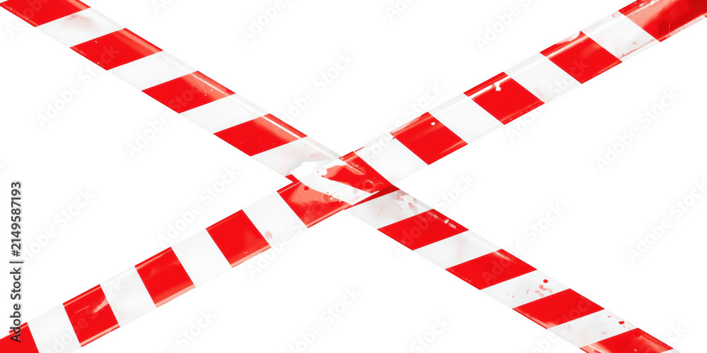 Obraz premium Red and white striped caution warning tape crossing pattern isolated on a dark black background, for safety signage isolated on a transparent background