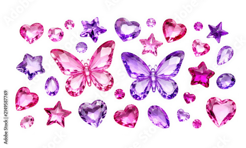 Set of pink and purple crystal stickers in the shape of butterflies, hearts, stars and gems isolated on transparent background