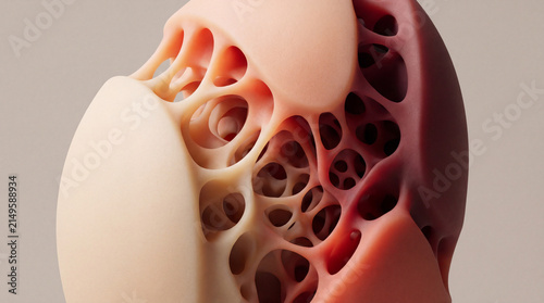 Split 3D sphere revealing a porous trabecular core