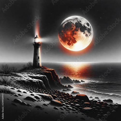 Lighthouse shining under a full moon at night by the sea  
