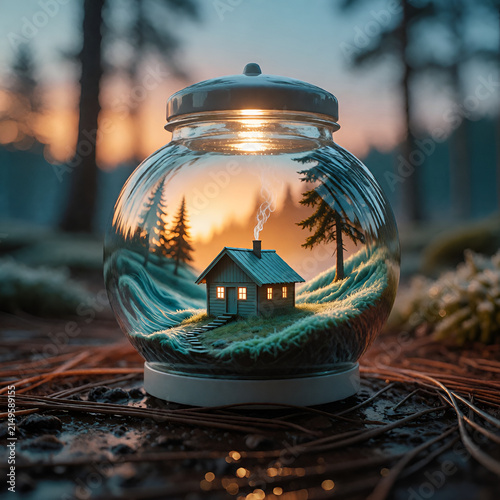Enchanted glass jar with miniature house and forest scenery inside  