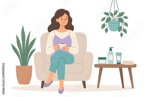 Woman Relaxing in Armchair with Coffee and Skincare Products