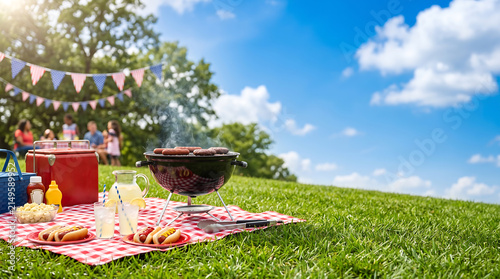 Outdoor Labor Day barbecue picnic on green grass with grilling hot dogs cold lemonade red white and blue party decorations and family celebration background