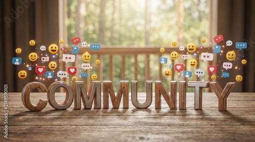 Community in the Digital Age: The word COMMUNITY rendered in wooden letters sits on a rustic table, surrounded by a vibrant cloud of social media icons and emojis.