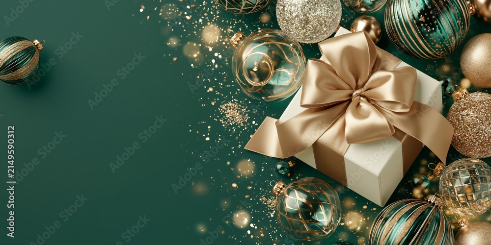 Obraz premium Festive flat lay of a white gift box with a gold bow surrounded by teal and gold Christmas ornaments.