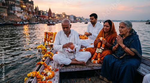 A traditional Hindu funeral ritual taking place under a covered pavilion by a river, with priests performing prayers over a body resting on a cot adorned with marigold flowers, while grieving family m