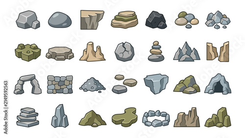 Set of diverse rocks and stone icons featuring various shapes like boulders pebbles cliffs and mountain formations for game design