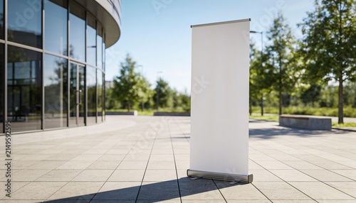 modern corporate building glass facade, roll up, banner mockup, outdoor display, advertising banner, blank poster