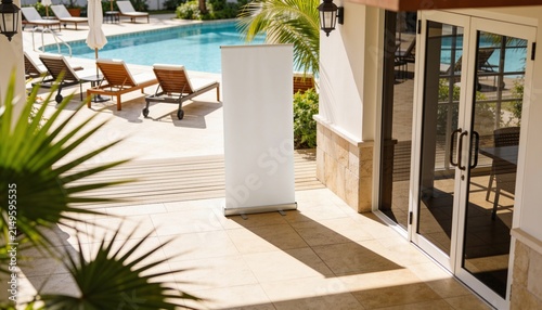luxury resort hotel, swimming pool, advertising mockup, presentation standee, promotional template, vertical sign, marketing poster