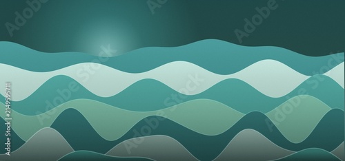 Konstfotografi Abstract landscape with layered wavy hills in teal, blue, and grey, smooth gradi